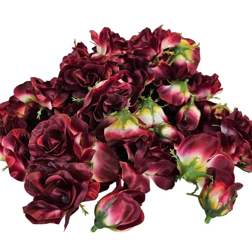105 Wine Color Satin Rose Heads Lot Open Roses Buds Stemless Wedding Craft Decor
